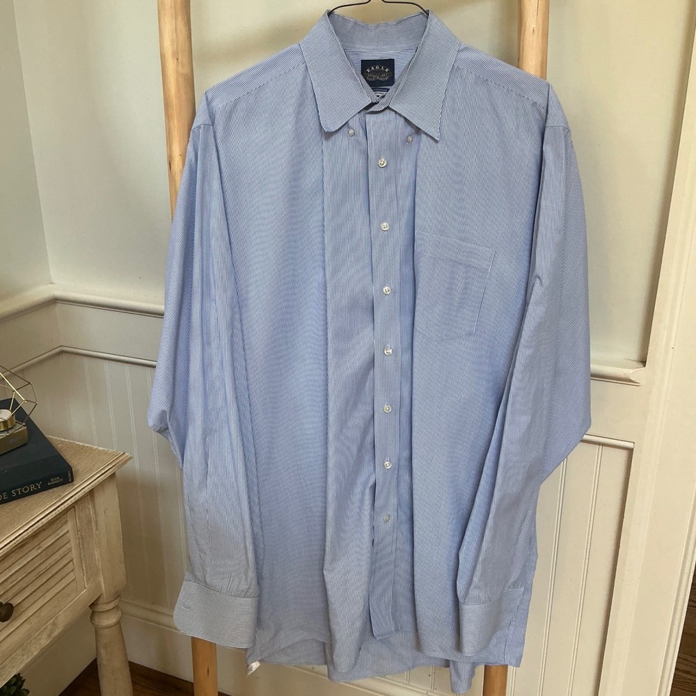 Eagle Shirtmakers Mens Blue White Striped Tall Fit Wrinkle Free Shirt 18.5 37/38